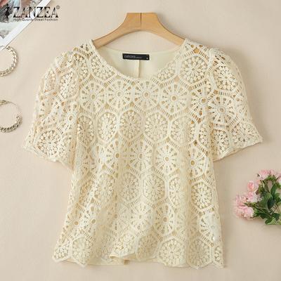 Womens Casual Hollow Lace Patchwork Summer Short Sleeve Blouse