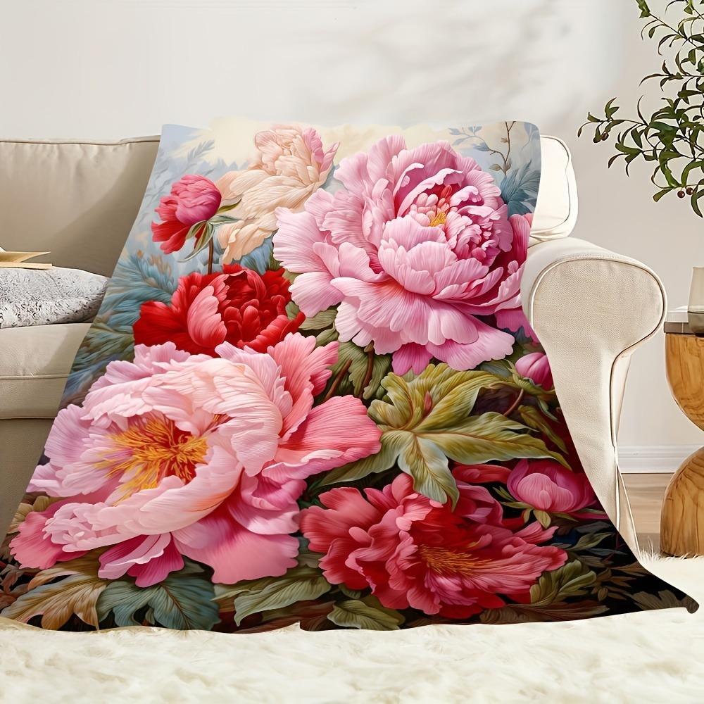 Vintage Peony Flower Flannel Blanket Romantic Floral Print Soft Warm Throw Blanket for Bed Sofa Couch Home Decor Multiple Sizes
