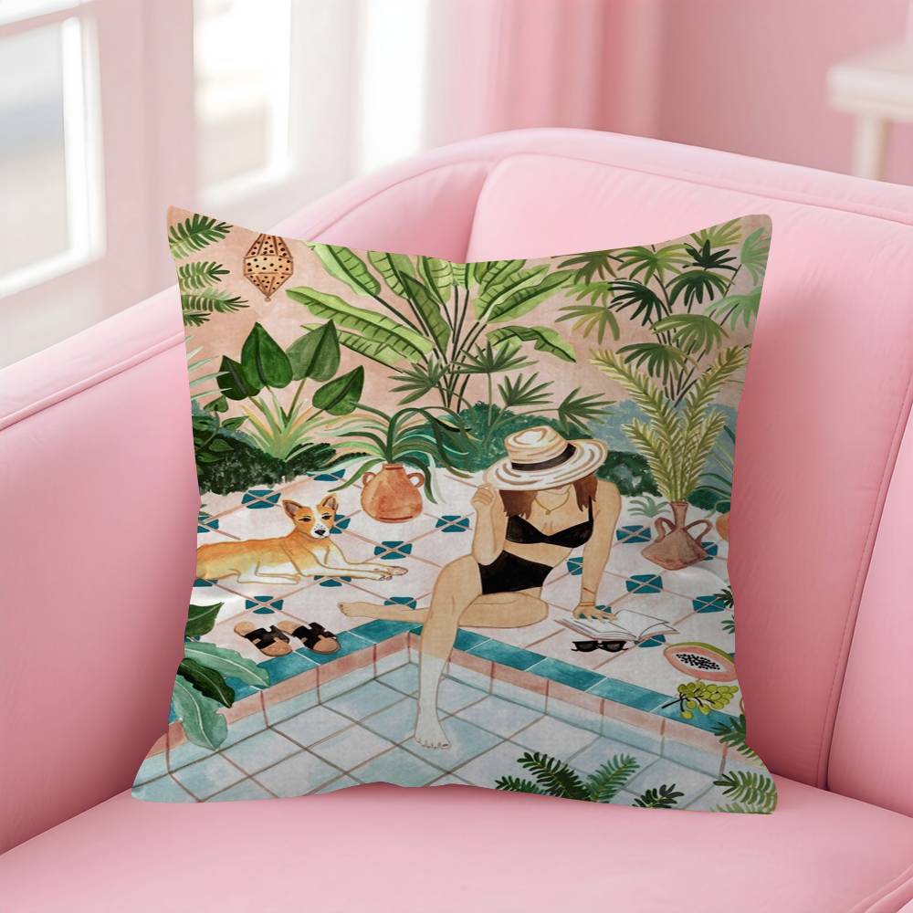 Nordic Beach Holiday Girl Pillow Gift Home Office Decoration Bedroom Sofa Car Cushion Cover Case 45x45