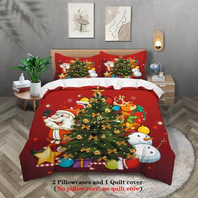 3pcs Santa Claus Reindeer Red Printed Coreless Bedding Set, Soft and Comfortable, Multi Size Dormitory Bedroom, Machine Washable