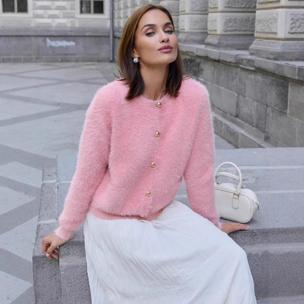 Cardigan Sweaters for Women Fall Long Sleeve Knit Button Open Front Casual Outerwear Coat Women's Fuzzy Crew Neck Chunky Cardigans Sweater Jackets