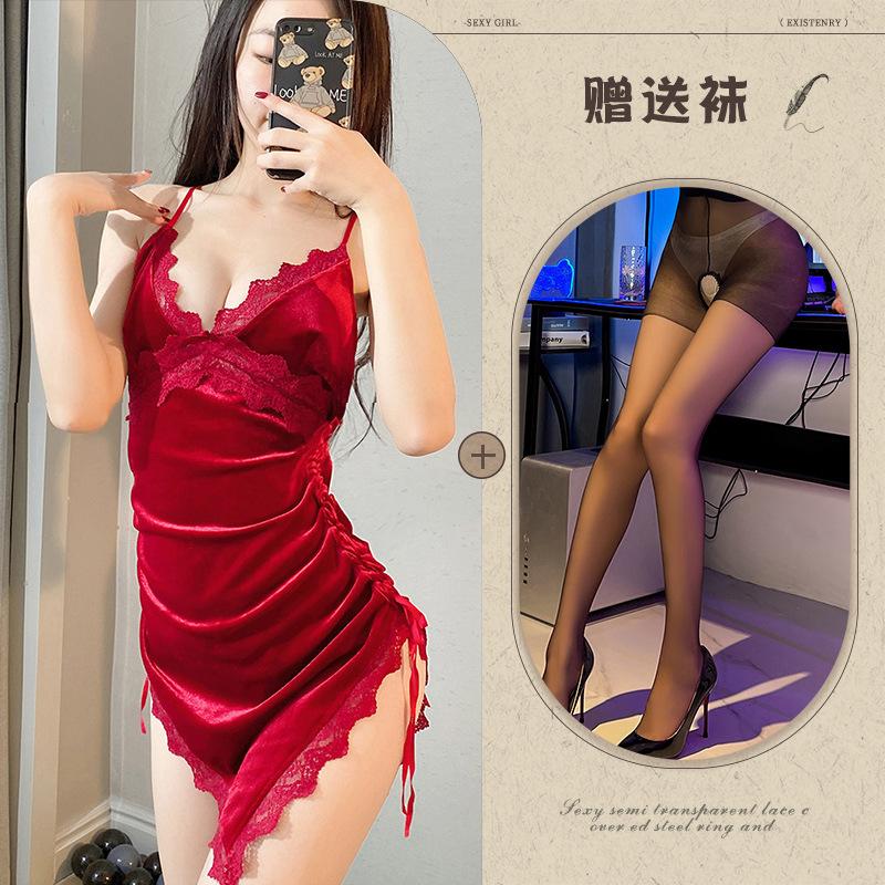 Night listening incense new sexy underwear velvet cross lace-up nightdress backless slit temptation pajamas passion loungewear