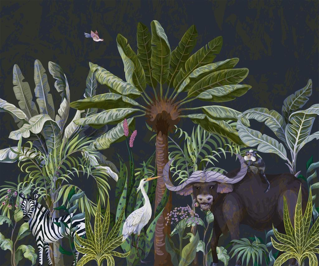 Photomural Animals Amidst Palm Trees And Plants Smooth Vinyl 368x280