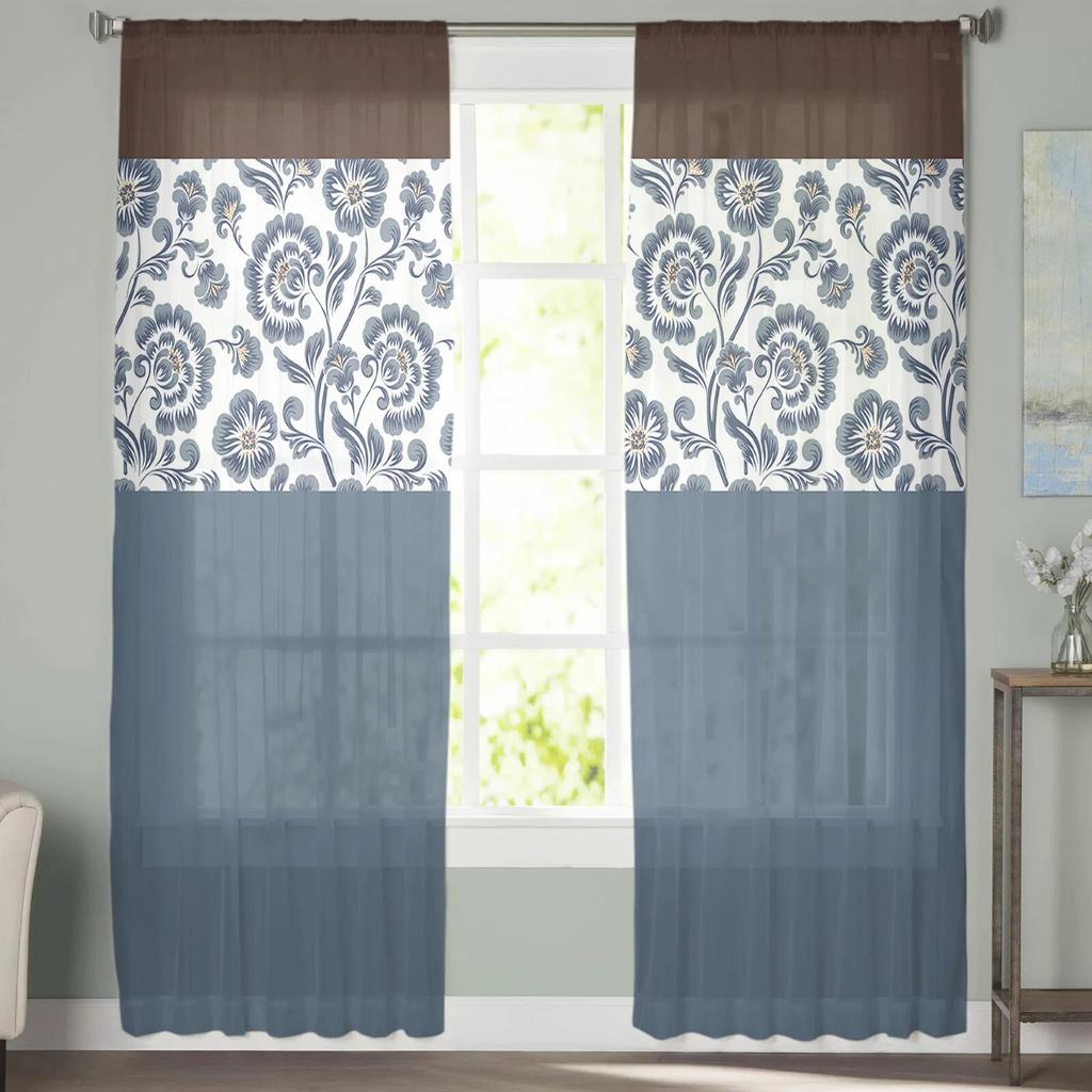 Retro Indigo Pattern Tulle Curtains Balcony Room Fashion Printed Sheer Curtain Living Room Window Modern Decor
