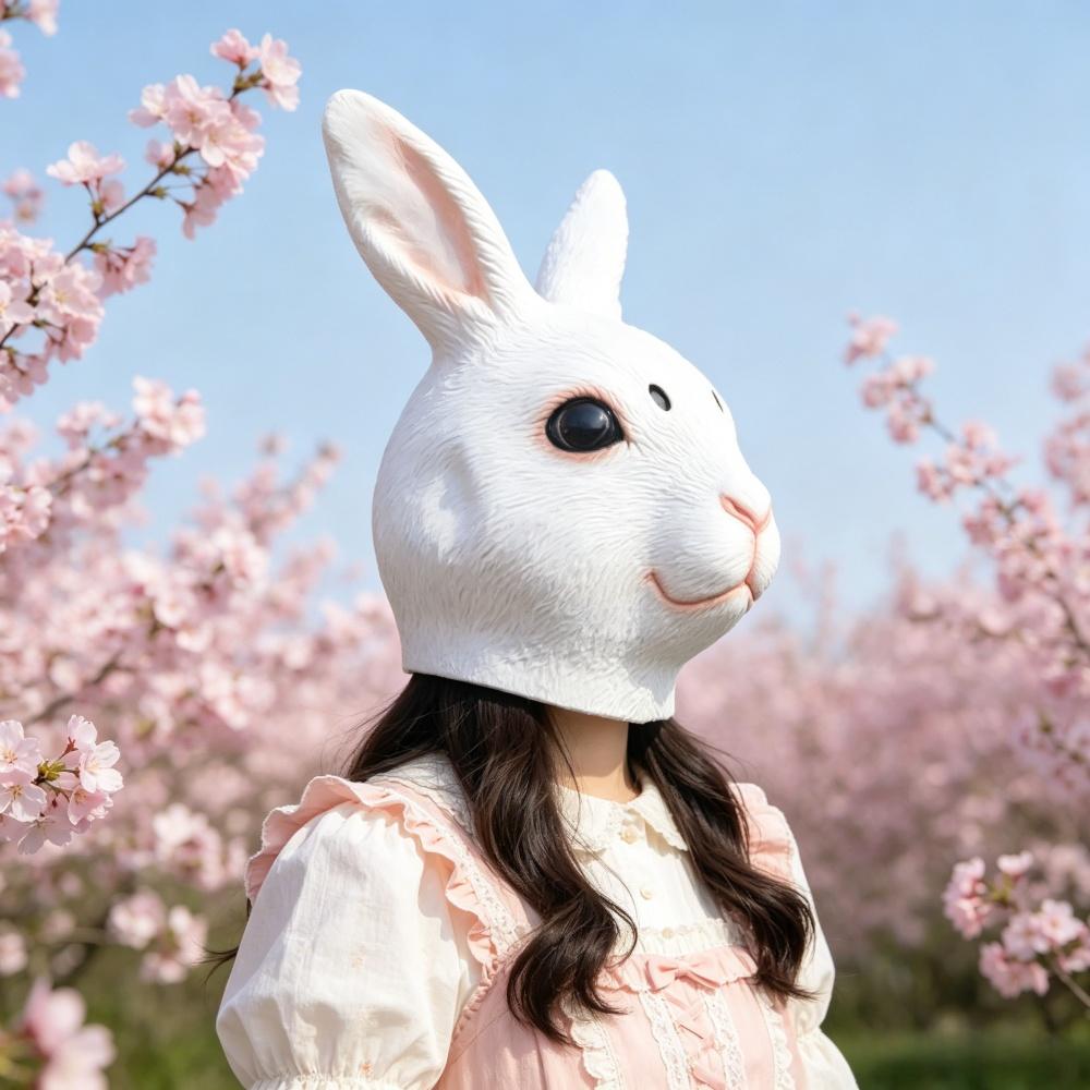 Realistic White Bunny Head Mask, Latex Animal Rabbit Mask for Adult Cosplay, Easter & Halloween Party Costume Props
