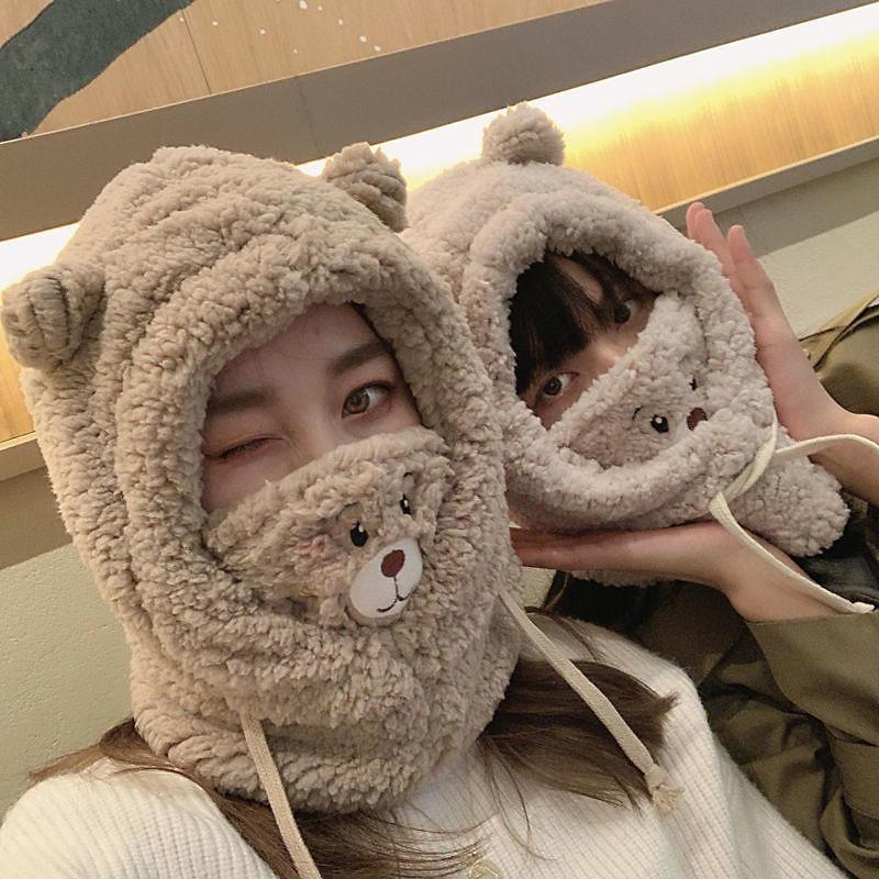 Winter Cartoon Hat With Mask Bear Lamb Beanie Hats Warm Thickened Ear Protection Beanies For Women Girl Scarf Hat