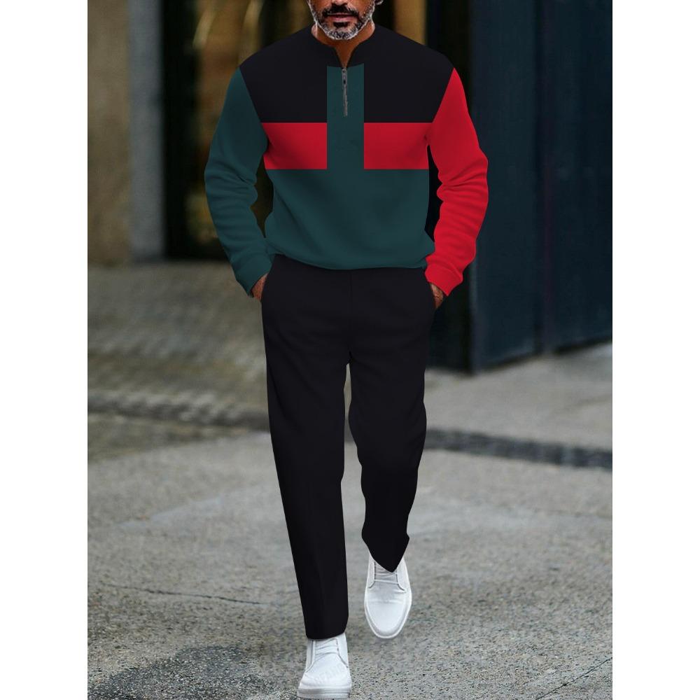 Spring Autumn 3D Printed Fashion Men's Long-Sleeved Sets Half-Zipper Stand-Up Collar Men's Casual Sportswear Two-Piece Set
