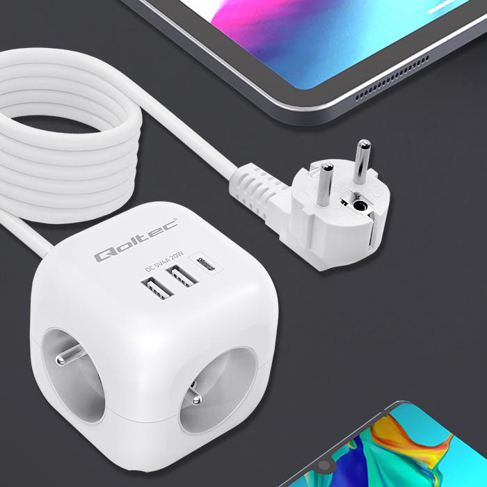 Kostka zasilająca Qoltec przedłużacz 6w1 z podświetlanym włącznikiem | 3x AC | 2x USB | 1x USB-C PD 20W | Biała | Kabel 2m