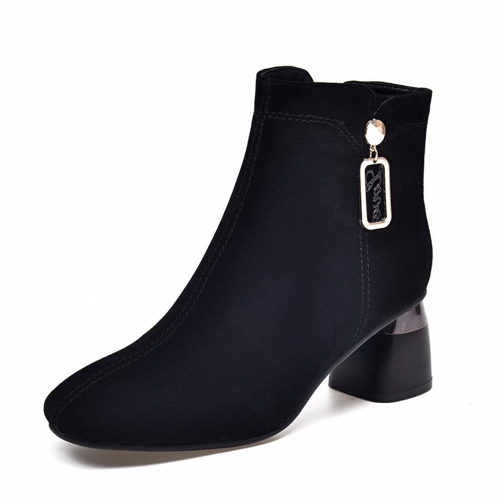High-heeled fashion boots women's new black sheepskin square buckle thin boots short boots women's leather boots
