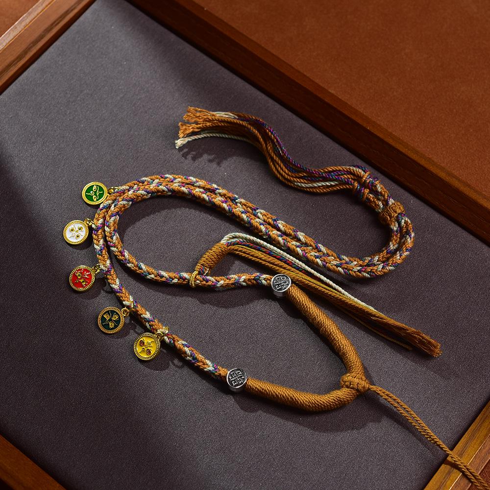 Five Wealth Gods Thangka Pendant Necklace | Tibetan Style Handmade Amulet with Beeswax Cinnabar Braided Rope