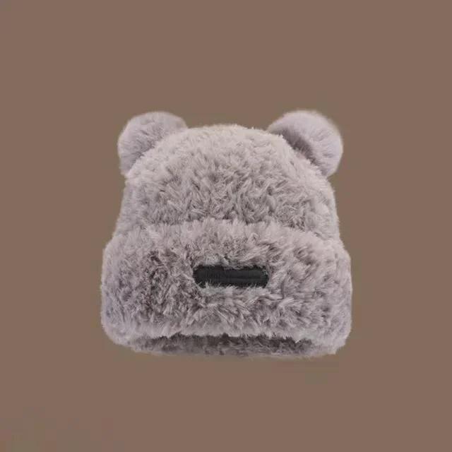 Cute Little Bear Hat Winter Thickened Big Headed Soft Glutinous Plush Hats Ear Protection Woolen Korean Warm Fluffy Fur Headgear