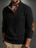 Mens Daily Casual Pullover, Stand Collar Jacquard Long Sleeve Shirt, Vintage Suede Elbow Patches, Comfort Sweatshirt for Outdoor Trips
