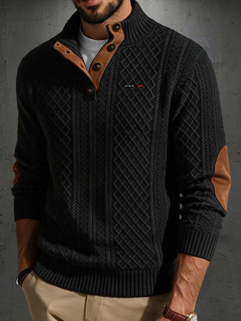 Mens Daily Casual Pullover, Stand Collar Jacquard Long Sleeve Shirt, Vintage Suede Elbow Patches, Comfort Sweatshirt for Outdoor Trips