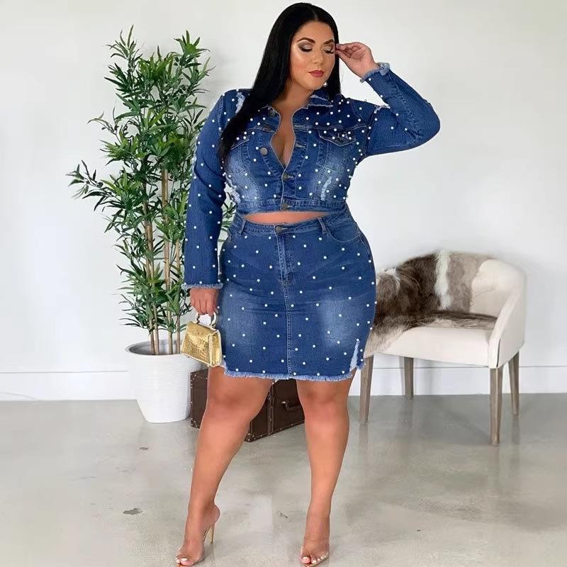 European & American Fashion Beaded Denim Long Sleeve Crop Top & Skirt Set 2XL/16 синий