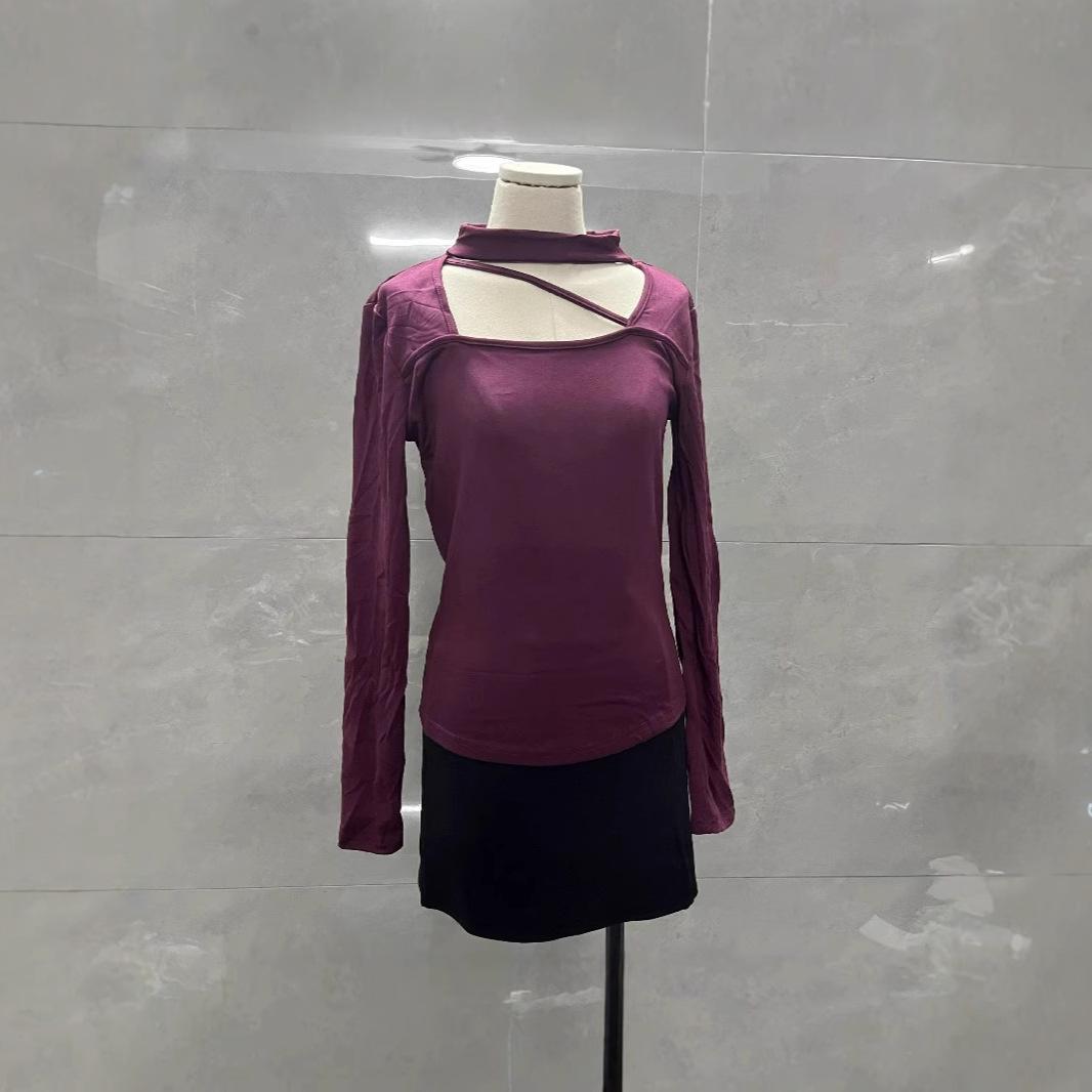 

Elegant Women s Irregular Hollow Long Sleeve Halter Neck T-Shirt XXL ~135 lbs