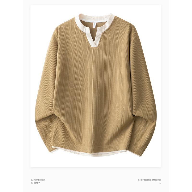 Unisex V-Neck Long Sleeve T-Shirt Loose Fit Contrast Color Casual Ribbed Top