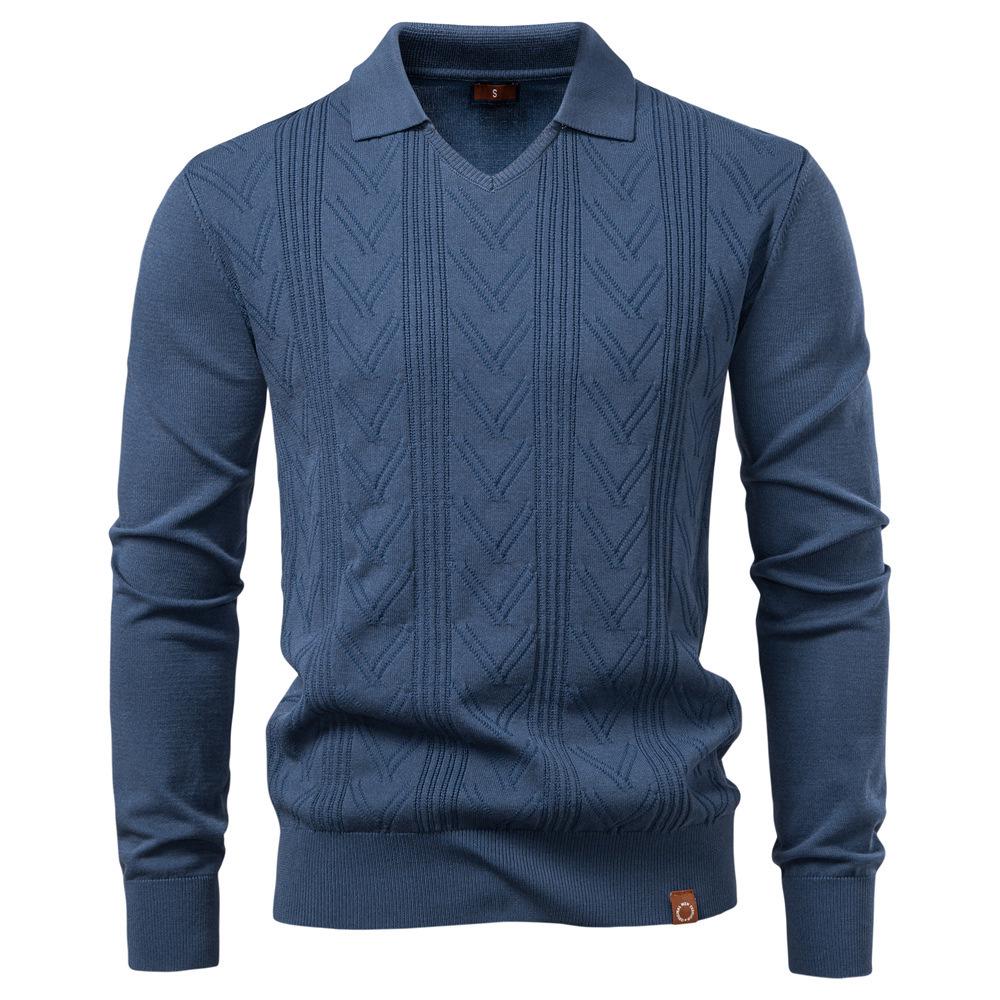 

Men s V-Neck Jacquard Pullover Sweater - Solid Color, New 2025 Style Knitwear for Autumn/Winter Small сірий колір/синій