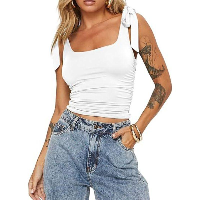 

Solid Color Square Neck Sleeveless Top Pure Color Square Collar Lace up Sleeveless Tops Women White XS