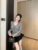 Women's Gray V-Neck Lace-Up Slim Fit Long-Sleeve T-Shirt, Winter Waist-Cinching Base Layer with Pure Desire Style.