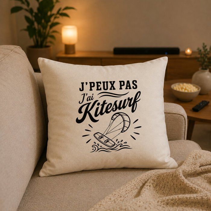 Housse de Coussin J’peux pas j’ai Kitesurf J'peux pas minimaliste | Coton Canvas Fairtrade 305 g/m² Zip Invisible Taille 50×50 cm