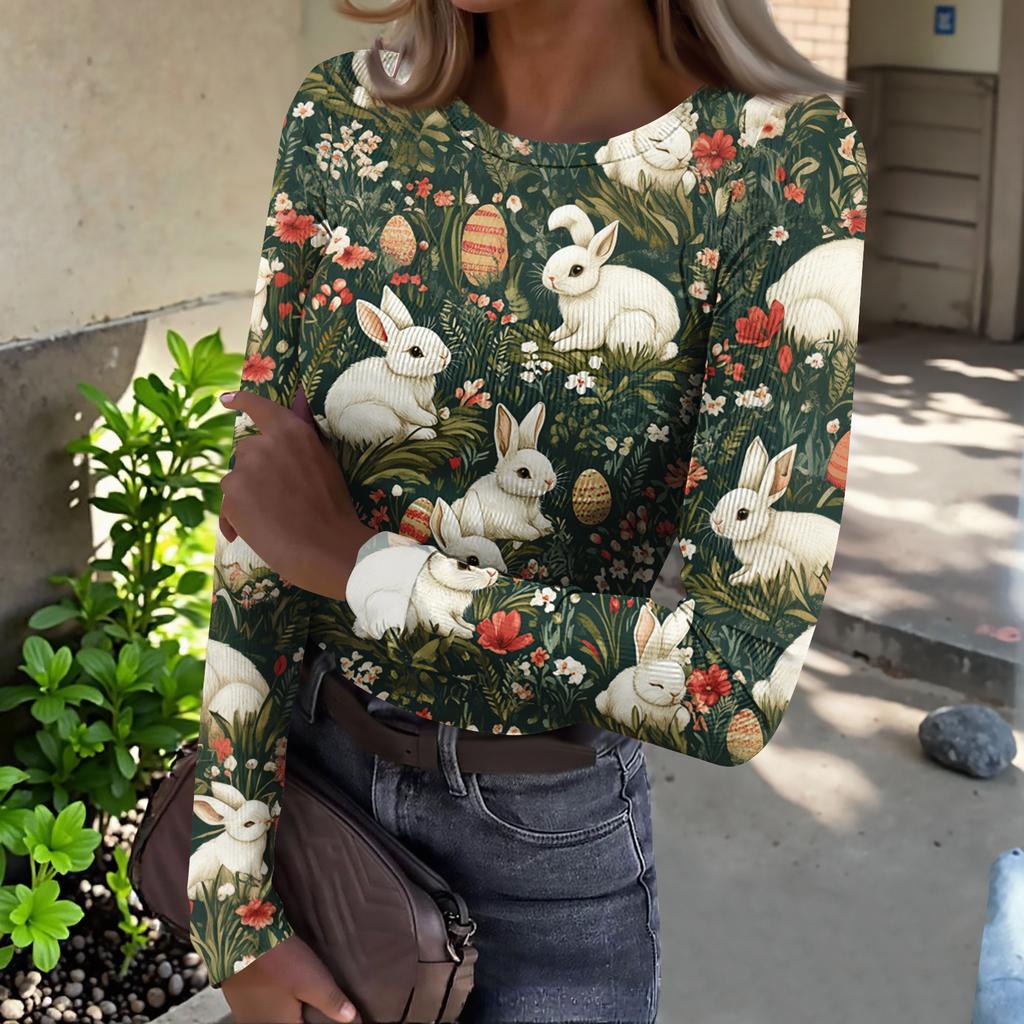 Women's And Winter Slim T-shirt Fashion Casual Printing Round Neck Pullover Long Sleeve Top