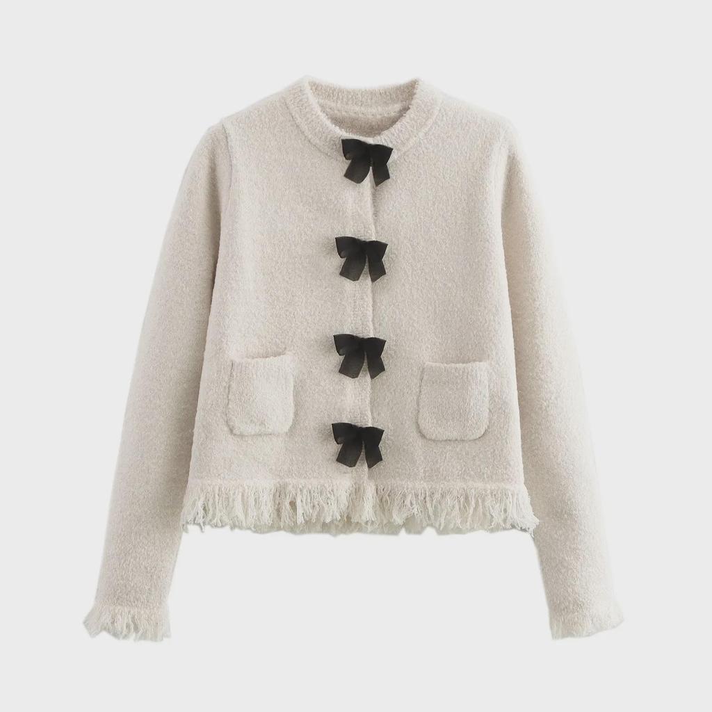 Autumn 2024 Women's Knitted Jacket & Bow Mini Skirt Set