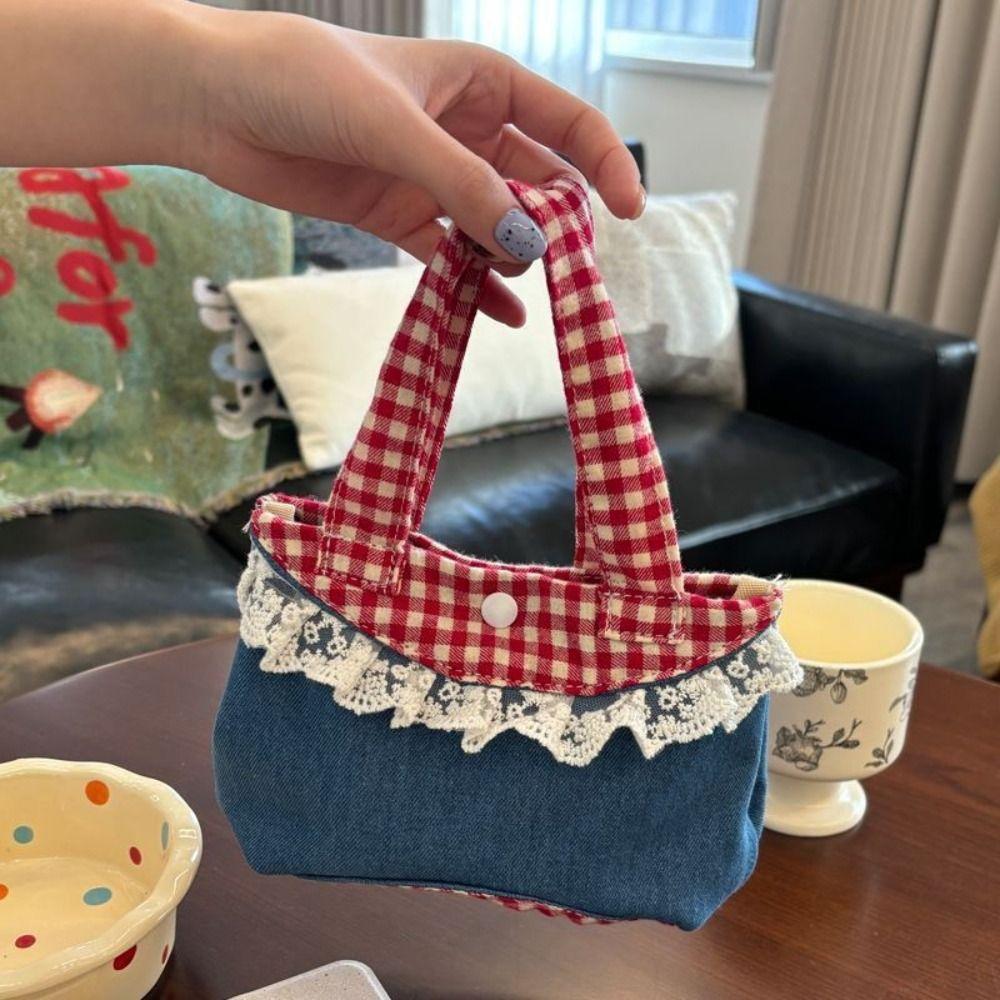 Sweet Fresh Lace Handbag Korean Style Cute Coin Purse Vintage Denim Plaid Handbag  Students