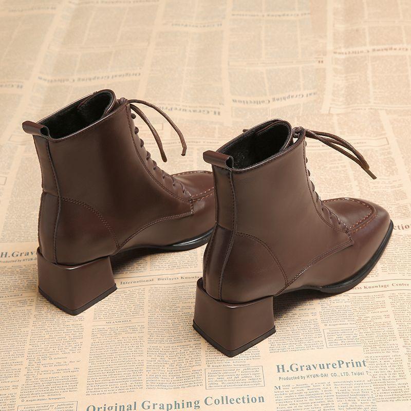 Fashion Square Toe Leather Heeled Women's Ankle Boots Autumn Winter Fleece-Lined Lace-up Female Short Shoes High Quality New In Booties
