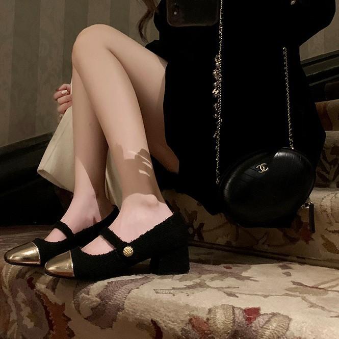 Sheepskin Version~ Xiaoxiangfeng Woolen Color Matching with Genuine Leather High Heels Women's Thick Heels Single Shoes Mary Jane Shoes Ladyshoes