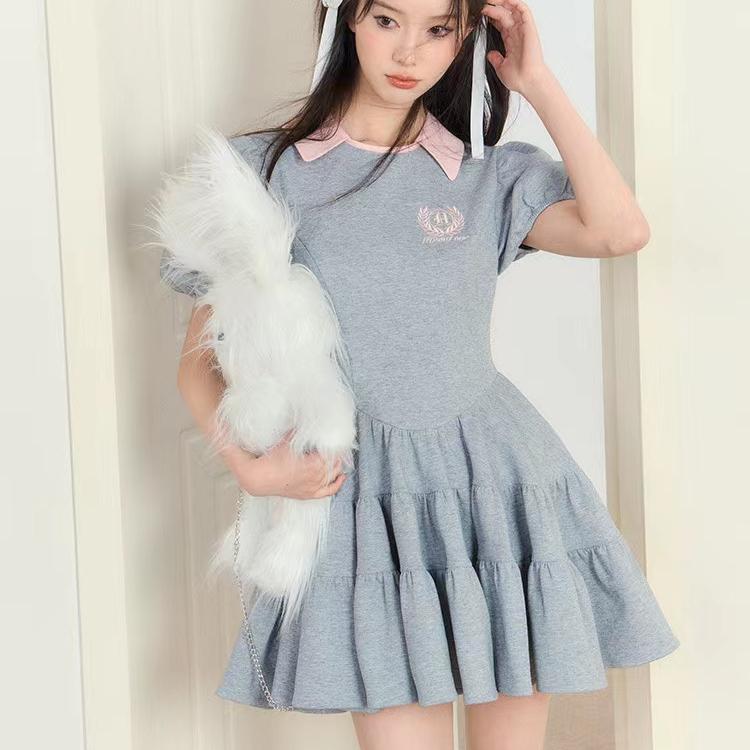 Summer Women's Vintage Sweet Dress French Style Gray Puff Sleeve Spring Dresses