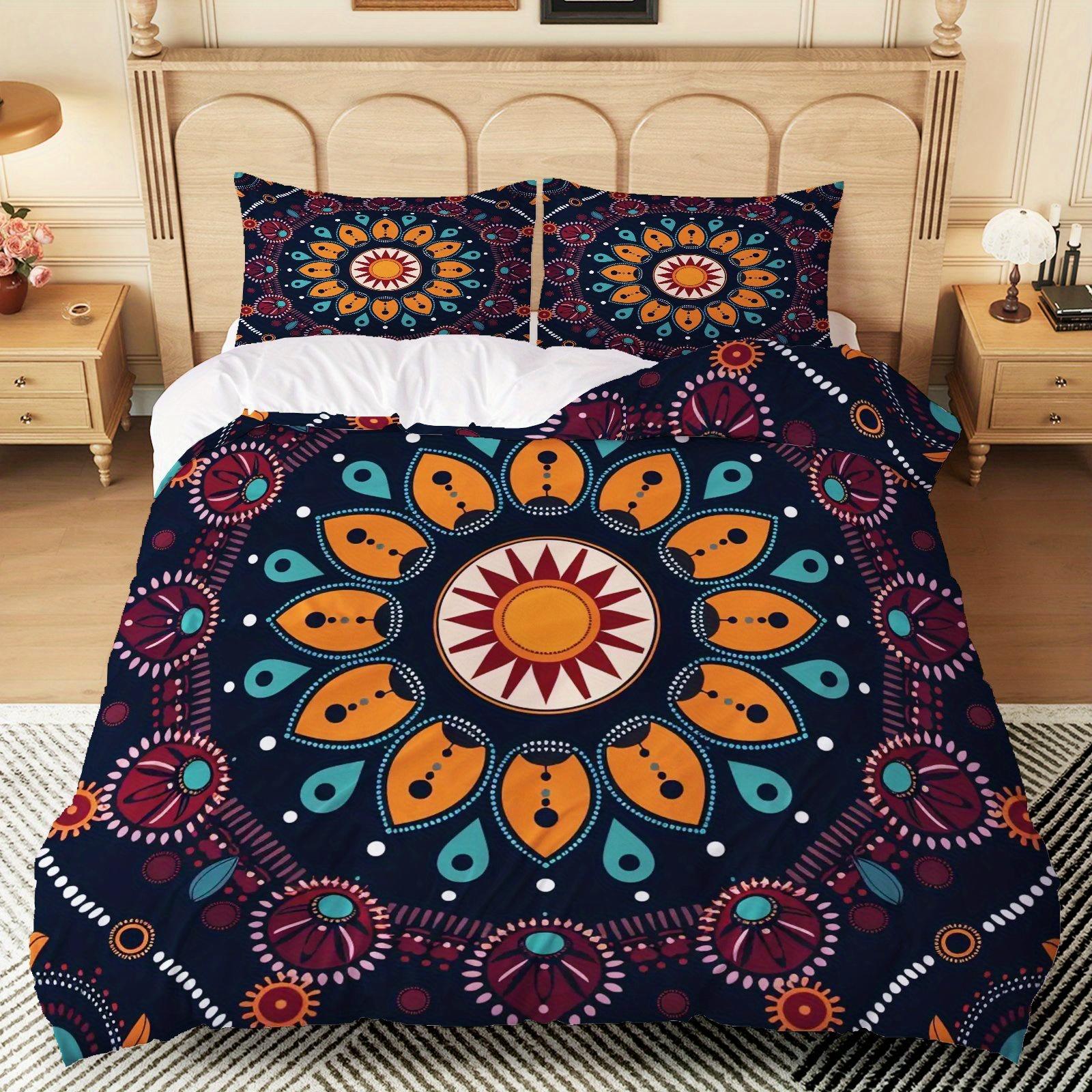 

3pcs Bohemian Mandala Duvet Cover Set - Navy Blue Floral Medallion Bedding with Zip Closure, Machine Washable Polyester, Perfect (135x200cm)
