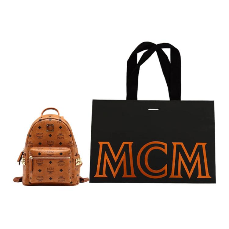 Mcm Stark Classic Vintage Floral Print Double-Sided Rivet Canvas And Leather Backpack Unisex And Couple Style Brown Cognac Color