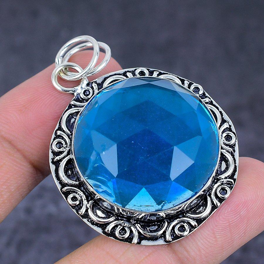 Natural Blue Topaz Gemstone 925 Sterling Silver Jewelry Pendant 2.13" F3W66