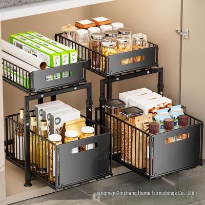 Double-Layer Pull-Out Basket Storage Rack for Under-Counter Bathroom and Kitchen