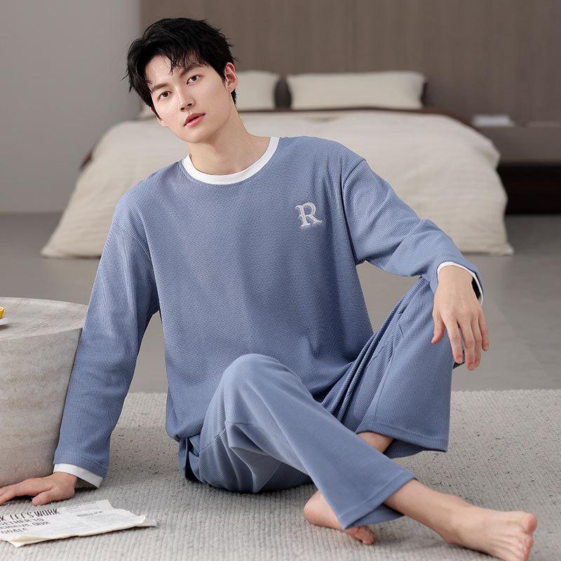 Pajamas Men'S Spring And Autumn Waffle Cotton Long Sleeve Autumn Cotton Large Size Casual Loungewear Set