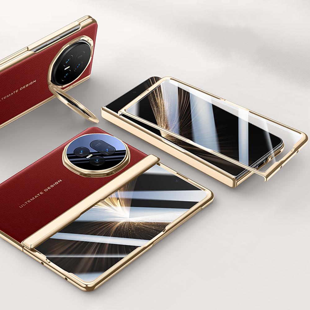 Pouzdro pro Honor Magic V5 5G Kožené+PC Kryt na telefon s HD tvrzeným sklem, Stojánek na objektiv