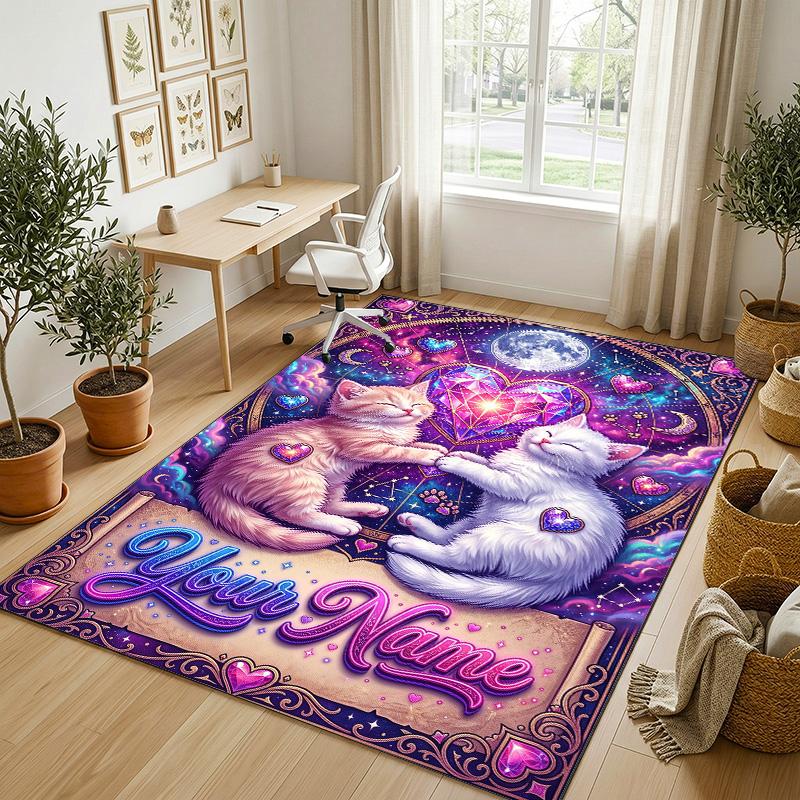 Cat Theme Crystal Velvet Rug Personalized Custom Name Text Soft Floor Mat Home Decor
