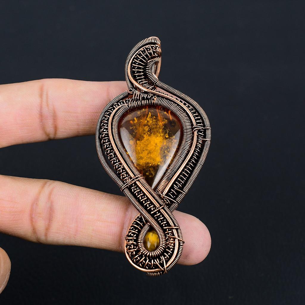 Chihlimbar Baltic Natural, Ochi de Tigru Pandantiv Înfășurat Manual cu Sârmă de Cupru 3.35 r4B36