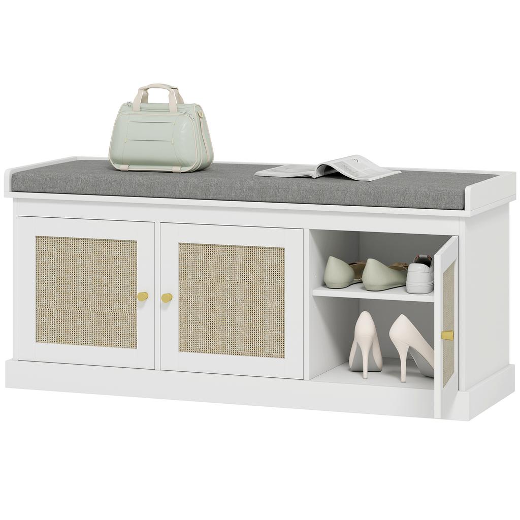 Shoe Storage Bench with Woven Rattan Doors, Seat - White