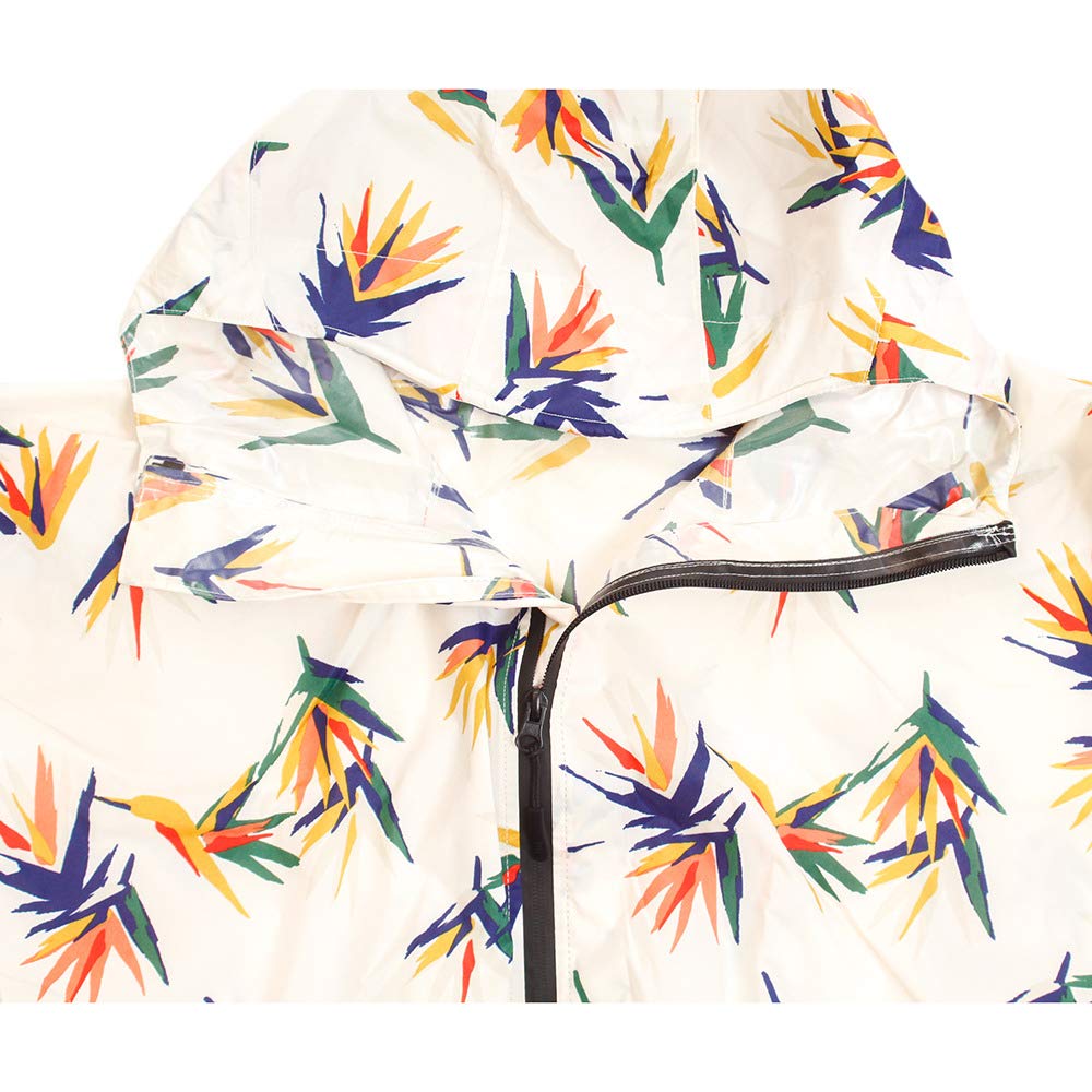 KiU Starkregenponcho für und mit Aufbewahrung und Tropenblumen- und Vogel-Fahrradfahren, Wasserabweisend Wasserdicht, Tasche, Herren Damen, Design, Off-White,