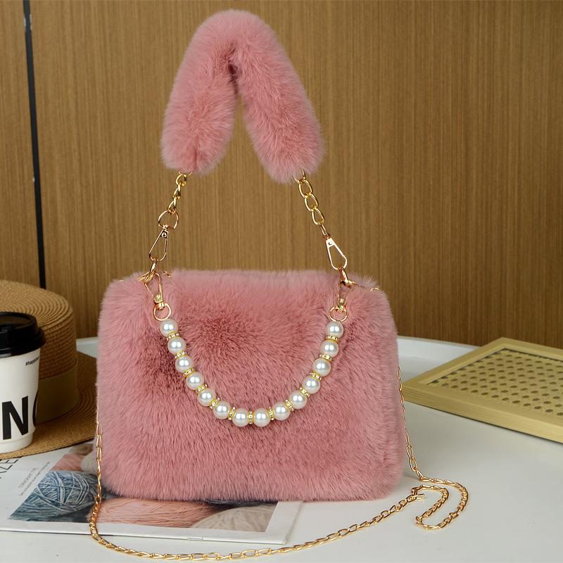 

Niche design spring and summer hair bag new fashion pearl handbag plush messenger women s bag pearl portable chain small square bag