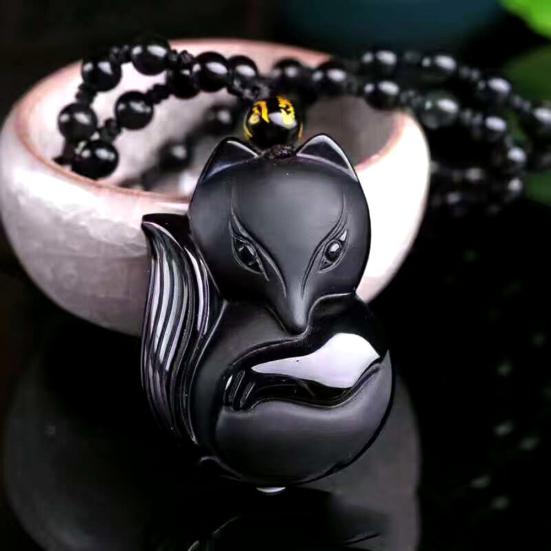 Obsidian Carving Fox Amulet Pendant Bead Chain Necklace Unisex Jewelry Gift