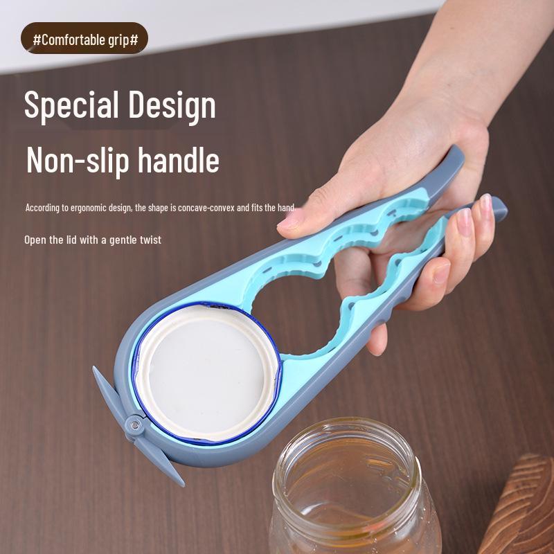 Four-in-One Multi-Functional Opener: Bottle, Can, Lid, and Cap Opener with Non-Slip Grip.