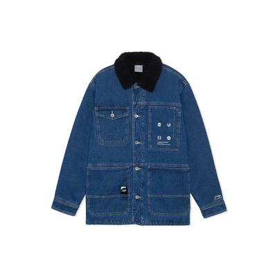 Li Ning Skateboard Series Casual Warm Fleece Lined Washed Denim Jacket Men Jacket Blue AJDR415-1