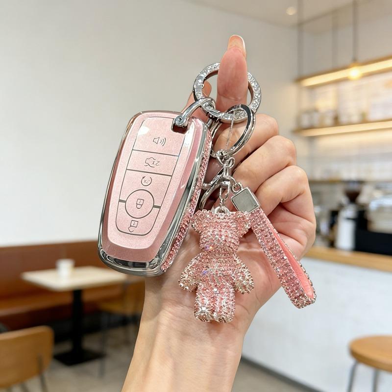 [ Side Diamonds ] 4 Buttons TPU Car Key Case Cover Shell Fob for Ford Fusion Edge Escape Explorer Taurus Expedition Ranger F-150