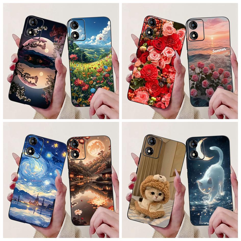 For Motorola Moto E13 Case Popular Flower Art Cover Soft Black TPU Silicone Phone Cases For Moto E14 E13 E 13 MotoE13 Back Cover