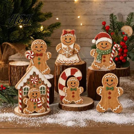 Rustic Farmhouse Christmas Ornaments Wooden Gingerbread Man Decor, Gingerbread, Candy Cane House Figurines, Xmas Small Decor Tabletop for Mantel