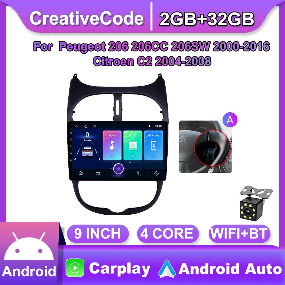 2 + 32GB Autoradio Für Peugeot 206 206CC 206SW 2000-2016 Citroen C2 2004-2008 Player android Carplay WIFI GPS Navigation Stereo 2din