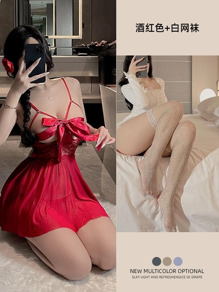 Strap milk leakage lingerie women's sexy suspender skirt large size bow princess wind mesh