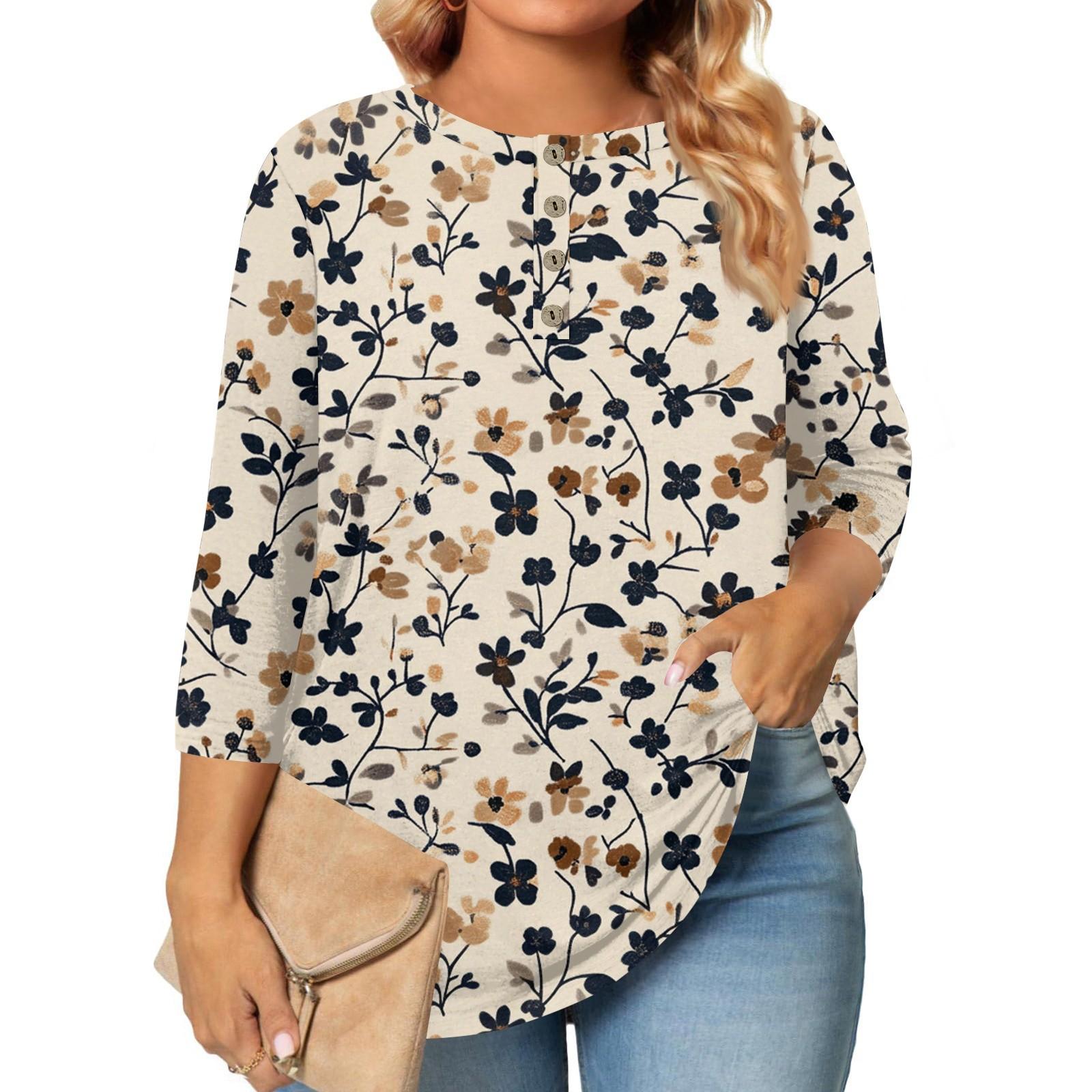 

Женская футболка большого размера с принтом, рукавом 3/4 и воротником на пуговицах L верблюд